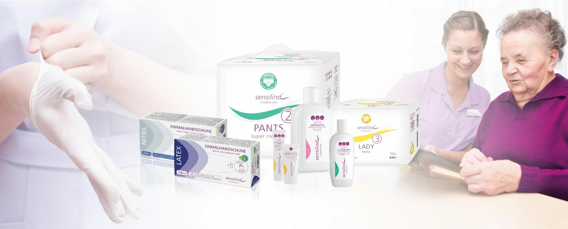 Komposing verschiedener Sensilind-Produkte, Untersuchungshandschuhe, Inkontinenz- und Körperpflegeprodukte